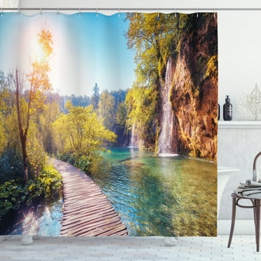 Ambesonne Nature Shower Curtain, Idyllic Lake Waterfall, 69"Wx70"L, Multicolor