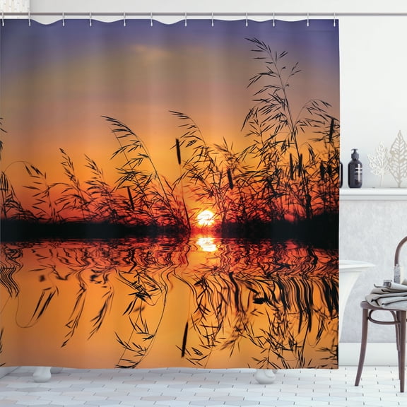 Ambesonne Nature Shower Curtain, Lake Sunset Photo Scene, 69"Wx70"L, Multicolor
