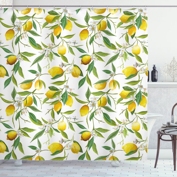 Ambesonne Nature Shower Curtain, Lemon Woody Romantic, 69"Wx84"L, Fern Green Yellow White