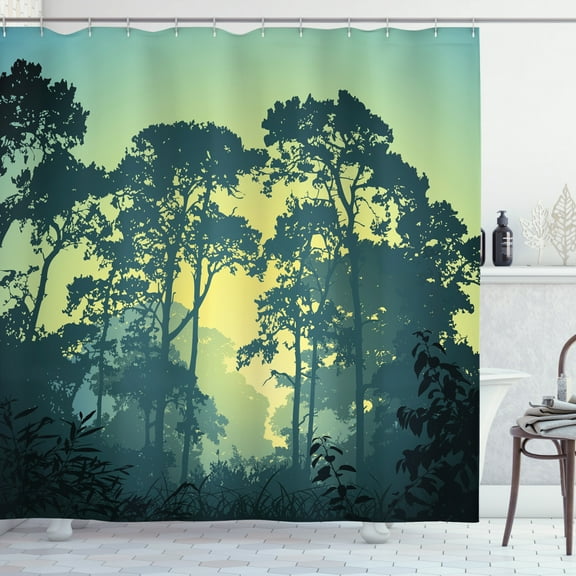 Ambesonne Nature Shower Curtain, Mist Forest Trees Scene, 69"Wx84"L, Hunter and Green