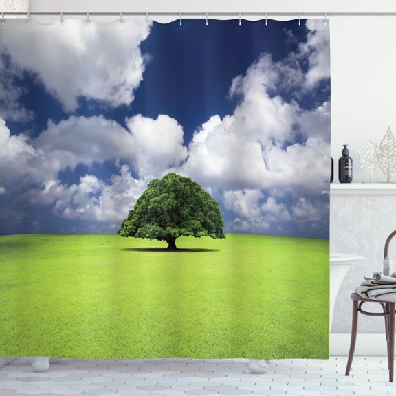 Ambesonne Nature Shower Curtain, Old Tree in Grass Field, 69"Wx84"L, Green Blue