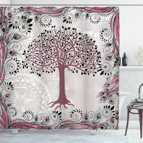 Ambesonne Nature Shower Curtain, Peacock Feathers Motif Tree, 69"Wx75"L, Blush Seafoam