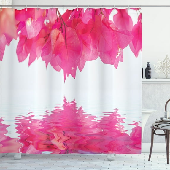 Ambesonne Nature Shower Curtain, Pink Leaves on River, 69"Wx75"L, Hot Pink