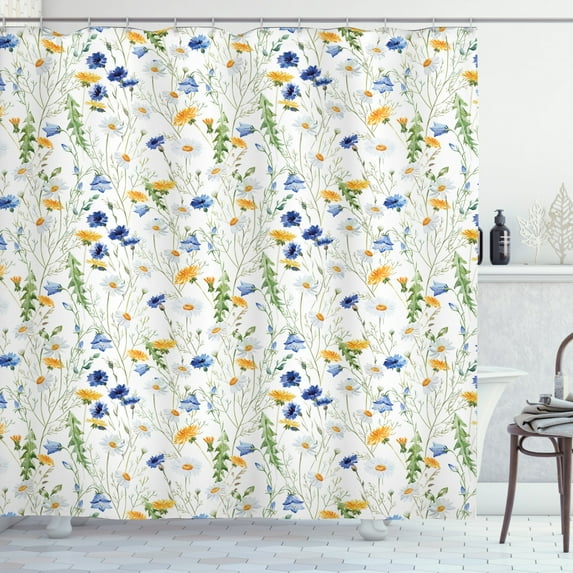Ambesonne Nature Shower Curtain, Poppies Daisies Rural, 69"Wx70"L, Pale Green Yellow Blue