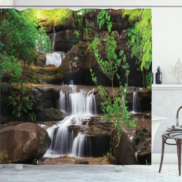 Ambesonne Nature Shower Curtain, Rock Stair in Waterfall, 69"Wx75"L, Brown White and Green