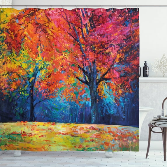 Ambesonne Nature Shower Curtain, Seasonal Art Picture, 69"Wx70"L, Vermilion Navy Blue