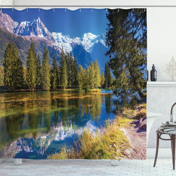 Ambesonne Nature Shower Curtain, Snowy Alps Lake Pine, 69"Wx70"L, Green White Blue