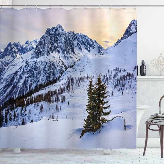 Ambesonne Nature Shower Curtain, Snowy Mountain Winter, 69"Wx70"L, White Green