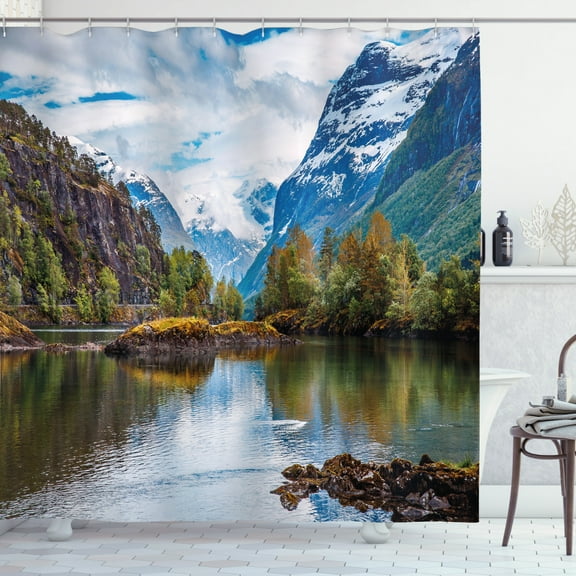 Ambesonne Nature Shower Curtain, Snowy Norway Mountains, 69"Wx84"L, Multicolor
