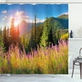 thumbnail image 1 of Ambesonne Nature Shower Curtain, Spring Flowers Mountain, 69"Wx84"L, Green Pink, 1 of 5
