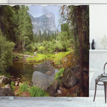 Ambesonne Nature Shower Curtain, Spring Forest Mountain, 69"Wx70"L, Green