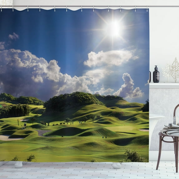 Ambesonne Nature Shower Curtain, Summer Pasture Grassy Hills, 69"Wx75"L, Green Blue