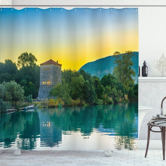 Ambesonne Nature Shower Curtain, Sunrise at Lake, 69"Wx75"L, Blue Green