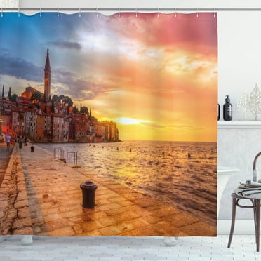 Ambesonne Nature Shower Curtain, Sunset Seashore Coast, 69"Wx84"L, Brown Yellow