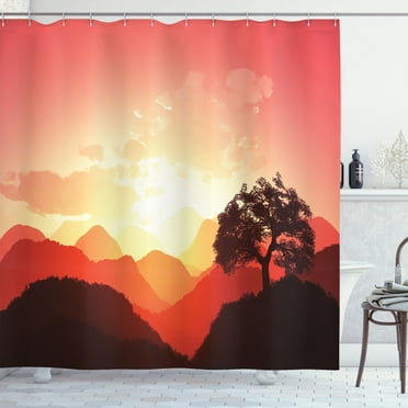 Ambesonne Nature Shower Curtain, Sunset Tree Mountains, 69"Wx70"L, Coral Orange Dark Brown