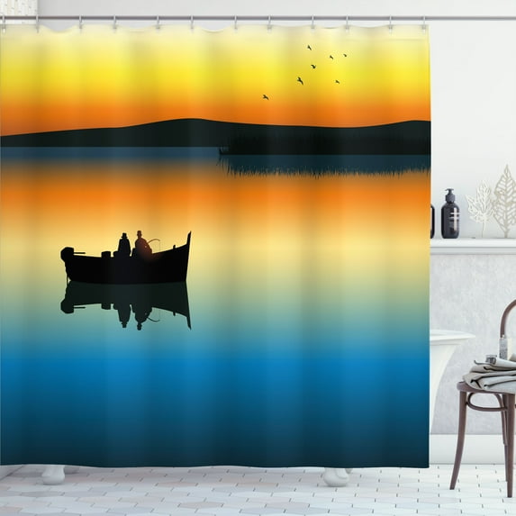 Ambesonne Nature Shower Curtain, Sunset at Lake Fishing, 69"Wx70"L, Orange Blue