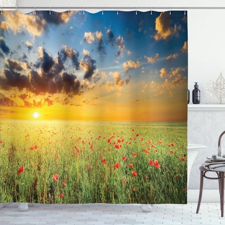 Ambesonne Nature Shower Curtain, Sunset at Meadow Poppy, 69"Wx84"L, Red Green Blue
