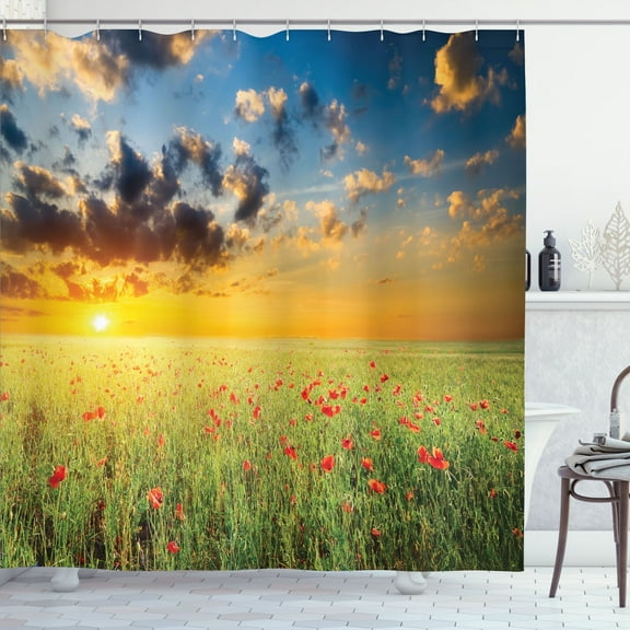 Ambesonne Nature Shower Curtain, Sunset at Meadow Poppy, 69"Wx84"L, Red Green Blue
