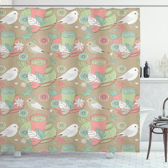 Ambesonne Nature Shower Curtain, Tea Cup with Birds and Limes, 69"Wx75"L, Pale Green Blush and Dusk