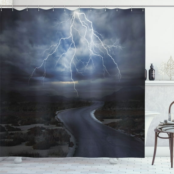 Ambesonne Nature Shower Curtain, Thunderstorm over Road, 69"Wx70"L, Dark Blue Grey