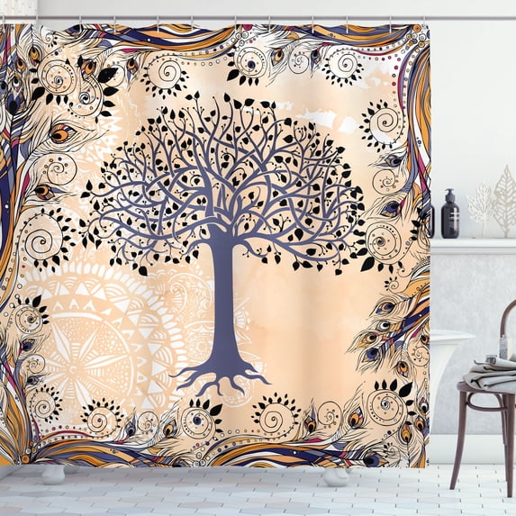 Ambesonne Nature Shower Curtain, Tree of Life Motif Peacock, 69"Wx70"L, Ceil Blue