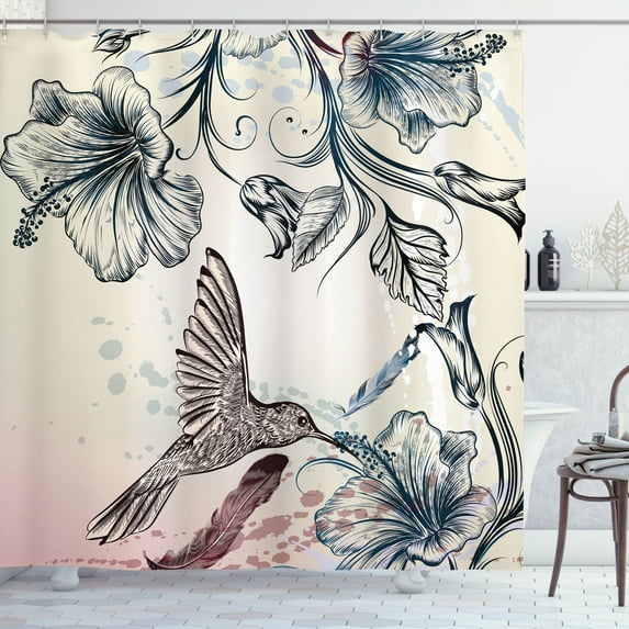 Ambesonne Nature Shower Curtain, Vintage Birds Flowers, 69"Wx75"L, Teal Brown
