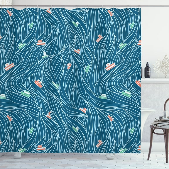 Ambesonne Nature Shower Curtain, Waves and Ships Cartoon, 69"Wx84"L, Petrol Blue Jade Green