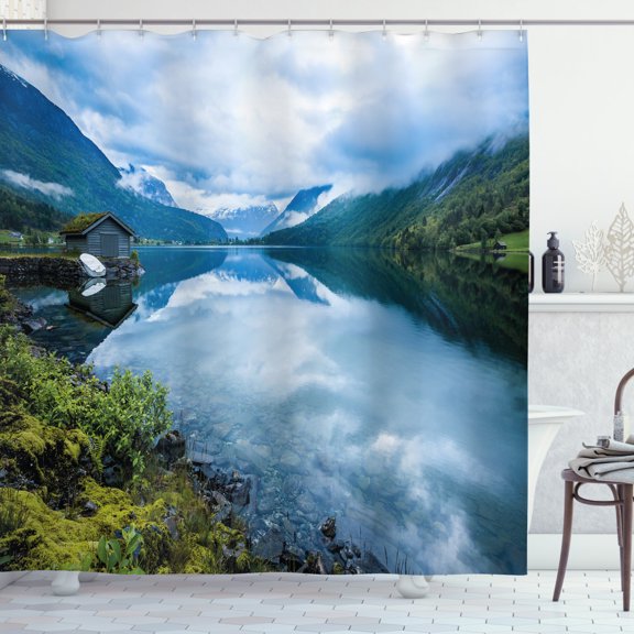Ambesonne Nature Shower Curtain, Wooden Cabins Norway, 69"Wx84"L, Blue Green