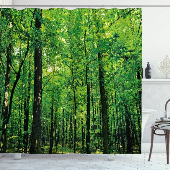 Ambesonne Nature Shower Curtain, Woodland Tree Forest Sun, 69"Wx70"L, Fern Green Seal Brown
