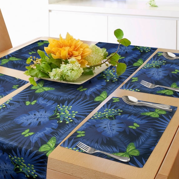 Ambesonne Nature Table Runner & Placemats, Jungle Plants Butterfly Fern, Placemat 4 pcs + Runner 12"x72", Shamrock Green Royal Blue