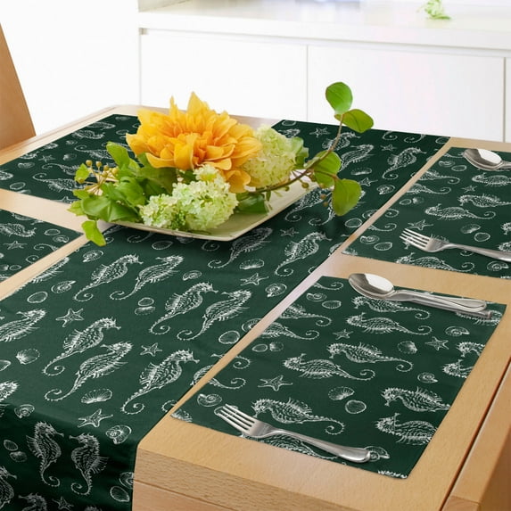 Ambesonne Nature Table Runner & Placemats, Sketched Seahorses Seashells, Placemat 4 pcs + Runner 14"x90", Dark Green and White