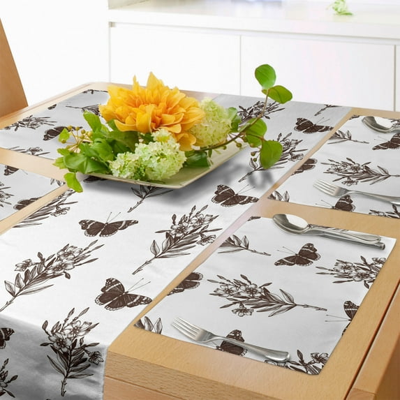 Ambesonne Nature Table Runner & Placemats, Sketchy Style Butterflies, Placemat 4 pcs + Runner 14"x72", Brown White