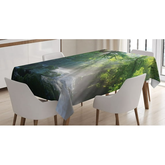 Ambesonne Nature Tablecloth Rectangular Table Cover, Jungle Sunlight Trees, 52"x70", Green White