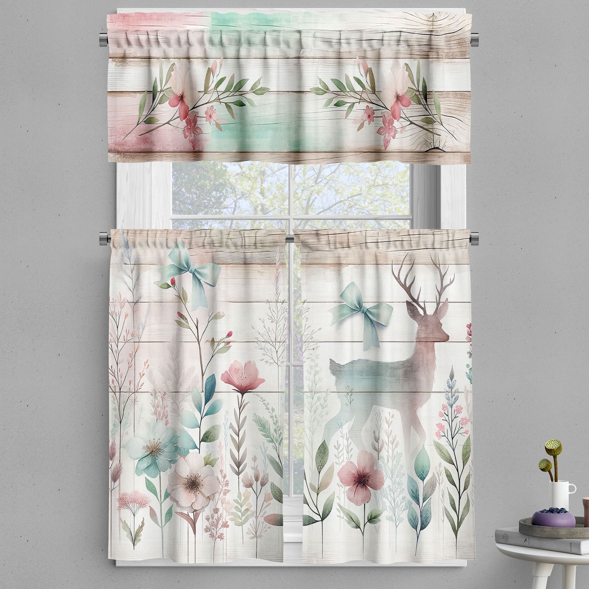 Floral Deer Print Blue Polyester Kitchen Curtain Set