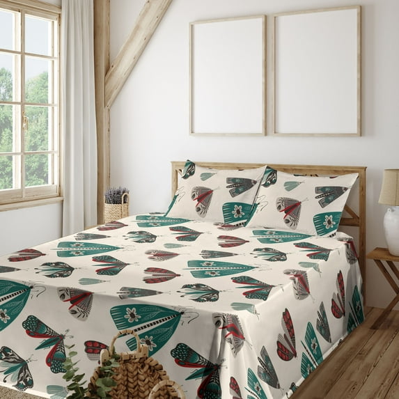 Ambesonne Nature Themed Fitted & Flat Sheet with Shams 4 Pcs Set, Boho Tribal Butterfly, Calking, Teal Dark Pink Cream