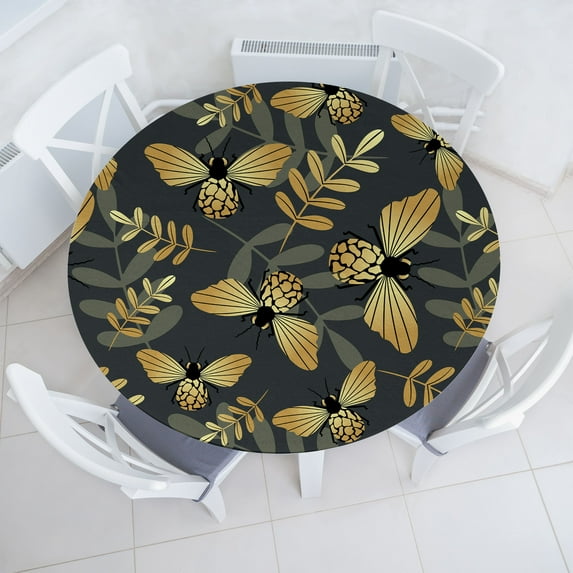 Ambesonne Nature Themed Fitted Round Tablecloth, Bumblebee Exotic Art, 56"- 60" Diameter, Purpleblue Sand Brown