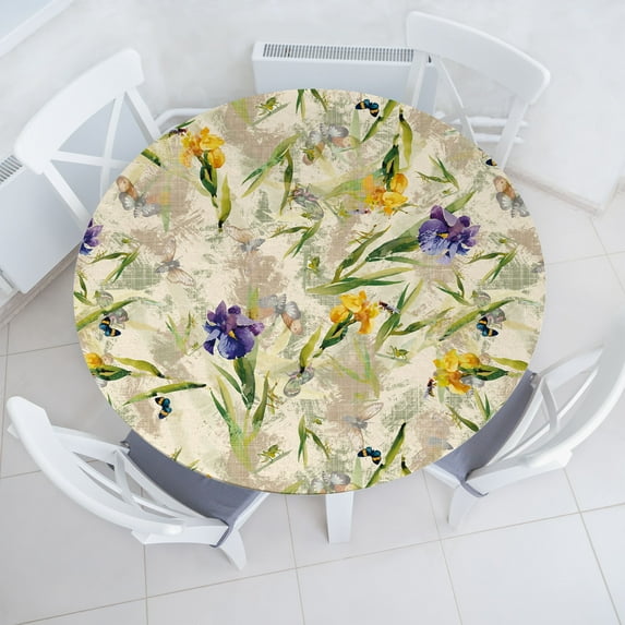 Ambesonne Nature Themed Fitted Round Tablecloth, Spring Butterfly Bees, 36"- 40" Diameter, Cream Mustard Blue Violet