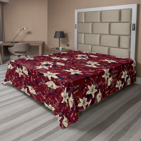 Ambesonne Nature Themed Flat Bedding Sheet Soft Top Sheet, Floral Romance Vibes, King, Ruby Champagne