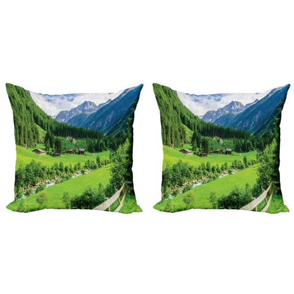 Ambesonne Nature Throw Pillow Cover 2 Pack, Alpine Scenery Pastoral, 18", Green White