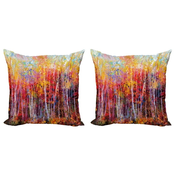 Ambesonne Nature Throw Pillow Cover 2 Pack, Autumn Forest Painting, 20", Orange Yellow