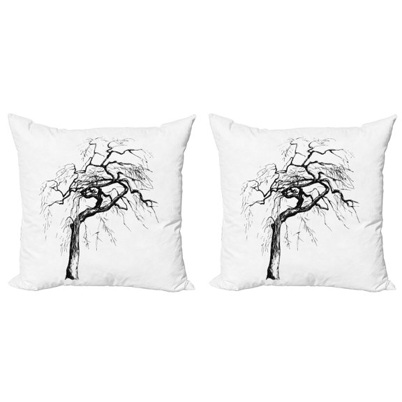 Ambesonne Nature Throw Pillow Cover 2 Pack, Autumn Tree Dry Branches, 16", Black White