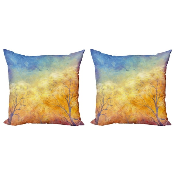 Ambesonne Nature Throw Pillow Cover 2 Pack, Autumn Trees Gulls Sky, 24", Blue Marigold Yellow