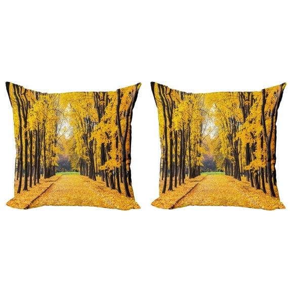 Ambesonne Nature Throw Pillow Cover 2 Pack, Autumn Trees Leaves, 20", Yellow and Green