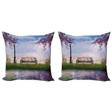 Ambesonne Nature Throw Pillow Cover 2 Pack, Bench Flowing River Moon, 24", Multicolor
