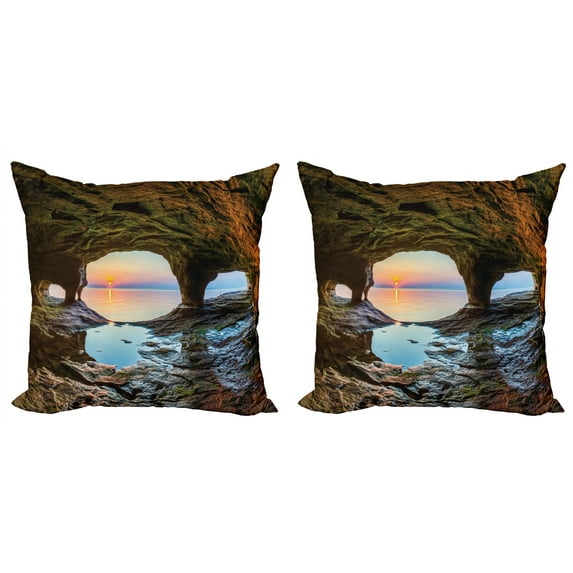 Ambesonne Nature Throw Pillow Cover 2 Pack, Big Grotto by the Sea, 20", Green Blue