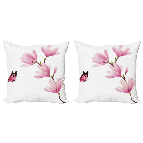 Ambesonne Nature Throw Pillow Cover 2 Pack, Blossom Branch Flowers, 20", Pink Maroon Burgundy