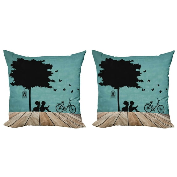 Ambesonne Nature Throw Pillow Cover 2 Pack, Boy and Girl Under a Tree, 24", Pale Brown Seafoam Black