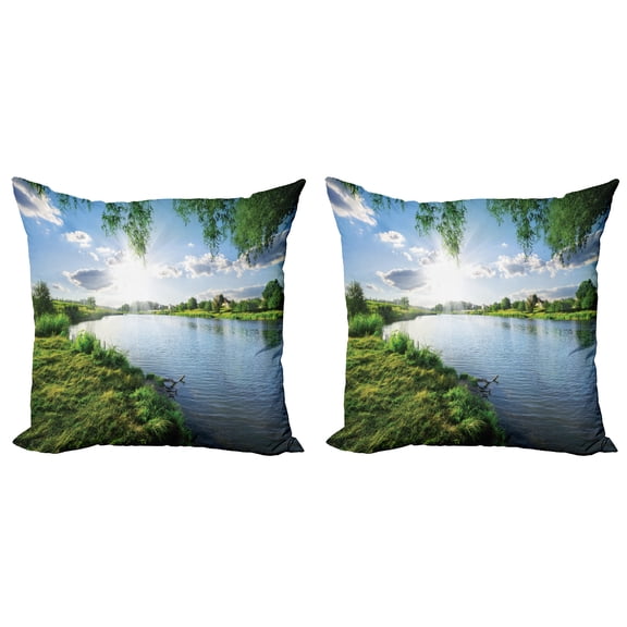Ambesonne Nature Throw Pillow Cover 2 Pack, Calm River in Summer, 16", Fern Green Sky Blue
