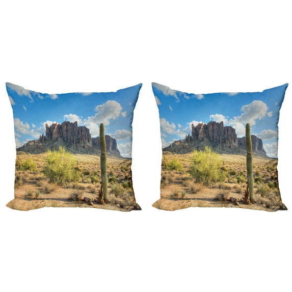 Ambesonne Nature Throw Pillow Cover 2 Pack, Canyon Cloudy Cliff, 18", Brown Green Blue