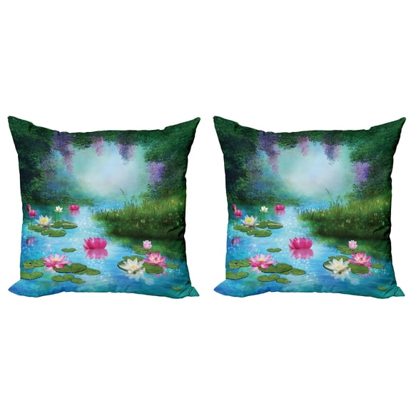 Ambesonne Nature Throw Pillow Cover 2 Pack, Fantasy Pond Water Lily, 18", Aqua Pink Green